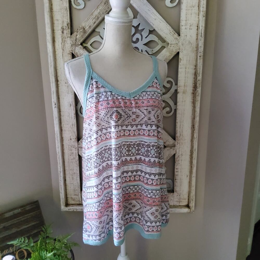 Sugarfox Mint Aztec Soft Knit Sleeveless Relaxed Tank Top L Boho Casual